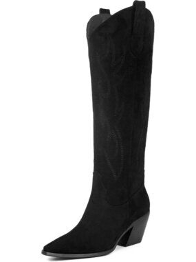 Women Black Faux Leather Knee High Pointed Toe Block Heel Cowboy Boots